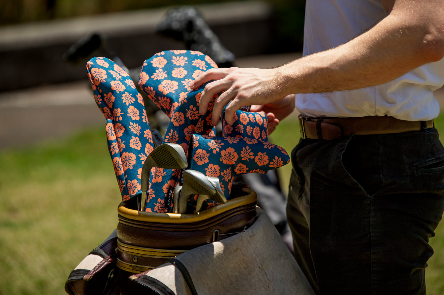 Blue & Coral Hibiscus Head Covers, Putter Cover (Mallet) & Towel Set