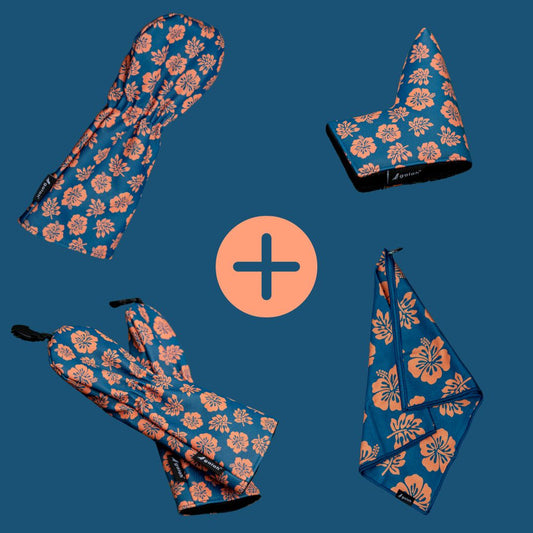Blue & Coral Hibiscus Head Covers, Putter Cover (Blade) & Towel Set